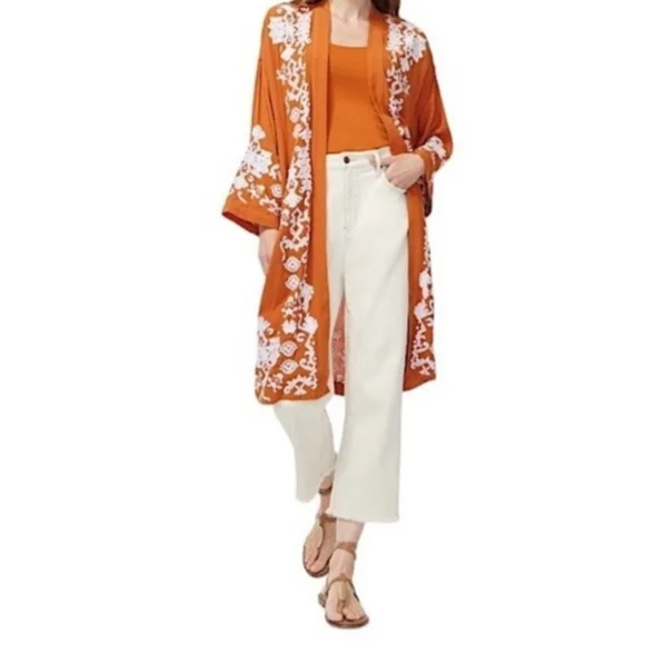 Women’s Chicos Embroidered Terracotta Kimono Cardigan Size L/XL Pockets Boho - Picture 2 of 8